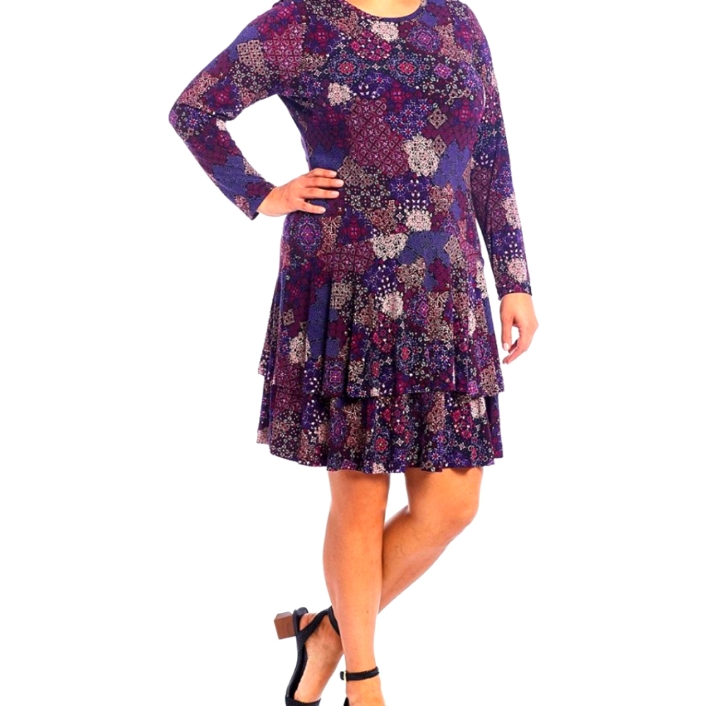 MICHAEL Michael Kors XL Patchwork Jersey Long Sleeve Flounce A-Line Dress